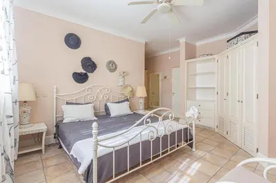 a bedroom with a bed and a ceiling fan at Los Balcones, Sosua, Ocean Front! in Sosúa