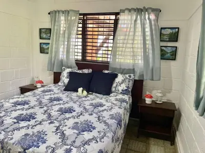 a bedroom with a blue and white bed and a window at Villa Carmen en Jarabacoa in La Represa