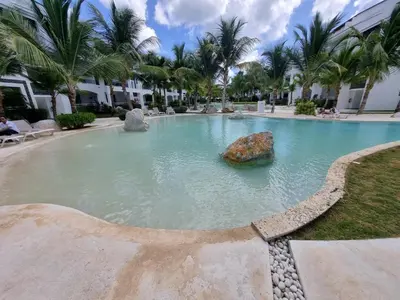 a swimming pool with a rock in the water at A private cozy-beach apartment in Dominicus in La Laguna