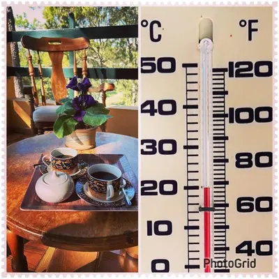 a thermometer on a table with two cups on a table at Vintage Cabin GB in Constanza