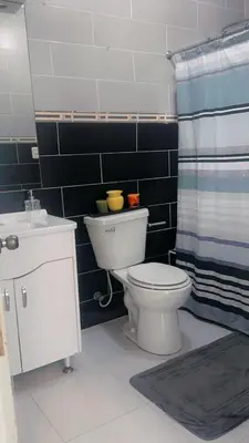 a bathroom with a toilet and a sink and a shower at Casita Azul in Isabel de Torres