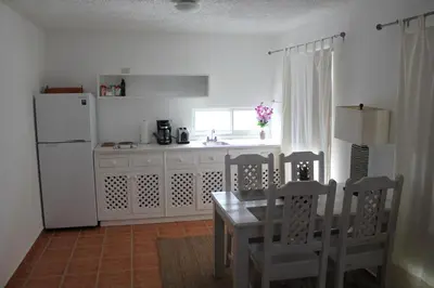 a kitchen with a table and a white refrigerator at Bayahibe Guest House Hotel in Bayahibe
