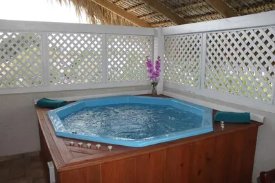 a jacuzzi tub in a room with a fence at Bayahibe Guest House Hotel in Bayahibe
