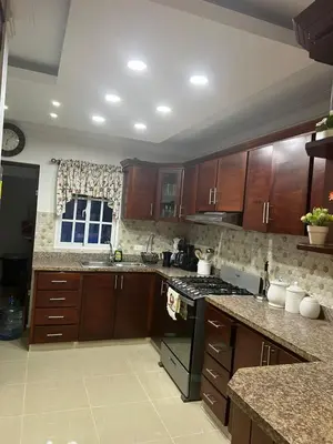 a kitchen with wooden cabinets and a stove top oven at Con in Santo Domingo