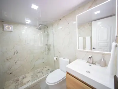 a bathroom with a toilet and a sink and a mirror at Garden Condos 21, Modern 1BR APT In Sosua Strip GUEST FRIENDLY in Sosúa