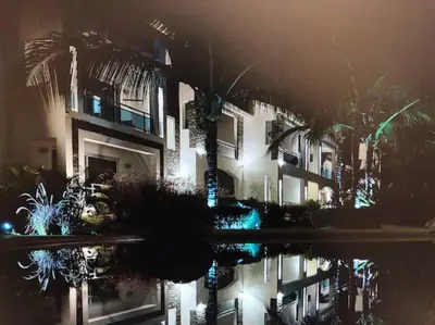 a night view of a building with lights at New loft duplex with rooftop deck in La Laguna
