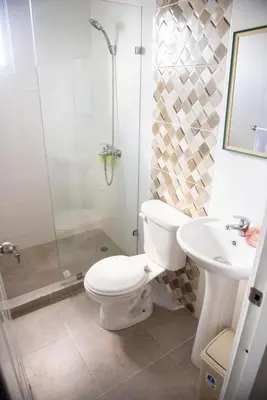 a bathroom with a toilet and a shower and a sink at Luxury Aparment Bonao in Bonao