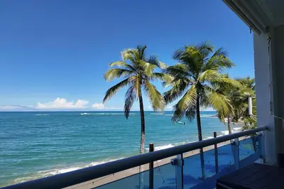 a view of the ocean and palm trees from a balcony at Beachfront Cabarete Apartment in Cabarete