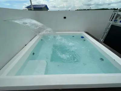 a water fountain in a tub with a fish in it at Apartamento con terraza y jacuzzi privado in Santo Domingo