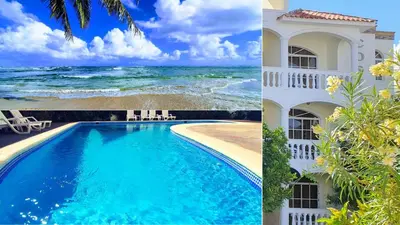 a collage of two pictures of a house and the ocean at Costambar Beachside Apartment with Pool in San Felipe de Puerto Plata