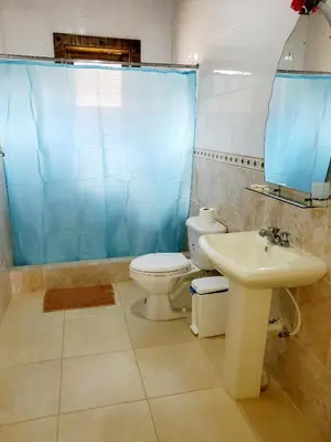 a bathroom with a toilet and a sink at Villas Las Neblinas in Constanza