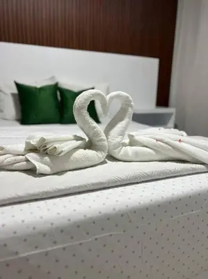 two towel swans sitting on top of a bed at Encantador y lujoso apartamento in San Pedro de Macorís