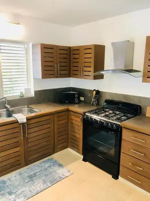 a kitchen with wooden cabinets and a black stove top oven at Tropical Villa 4Bedroom 3Baths and Pool Near Beach in Las Terrenas
