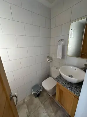 a bathroom with a sink and a toilet and a mirror at Apartment in Santo Domingo este in Juan López