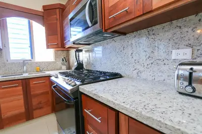 a kitchen with wooden cabinets and a stove top oven at Edificio Amber 1 in San Cristóbal