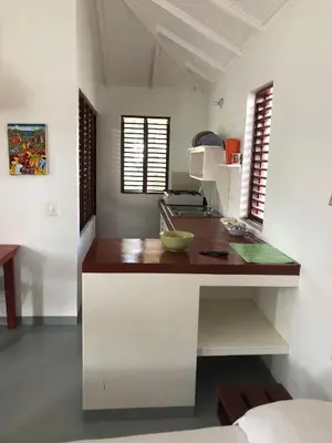 a kitchen with a counter with a bowl on it at Hotel Casa Robinson in Las Terrenas