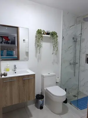 a bathroom with a toilet and a sink and a shower at Boca del Mar III, apartamento 706A in Boca Chica
