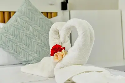 a swan made out of towels on a bed at Honky Tonk Colonial in Santo Domingo