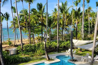 a resort pool with palm trees and the ocean at Playa Las Ballenas Oceanfront in Las Terrenas