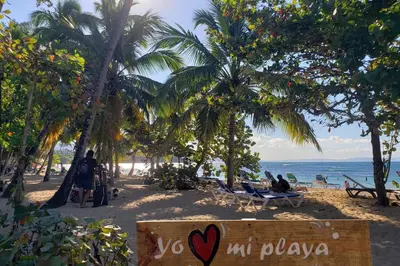 a beach with palm trees and a sign that says wuv pizza at Playa Las Ballenas Oceanfront in Las Terrenas