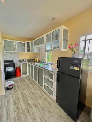 a kitchen with a black refrigerator and white cabinets at Acogedor apartamento in Azua de Compostela