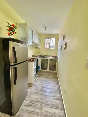 a kitchen with stainless steel appliances and a wooden floor at Acogedor apartamento in Azua de Compostela