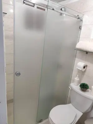a bathroom with a toilet and a glass shower door at Your Tropical HouseRD in La Francia