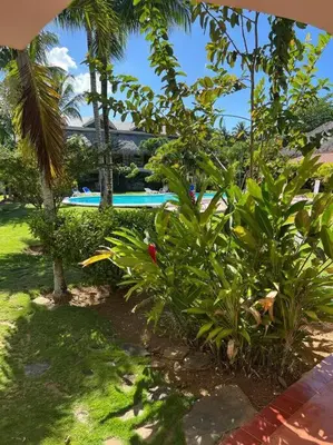 a garden with plants and a pool in the background at Beach, nature and relaxation in Las Terrenas