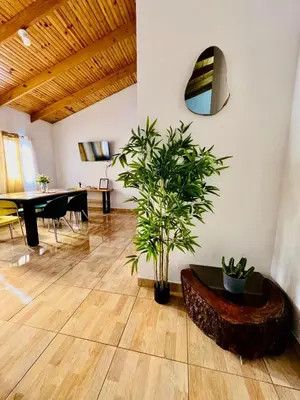 a living room with a table and a potted plant at Apartamento Brisas de la Montaña in Jarabacoa