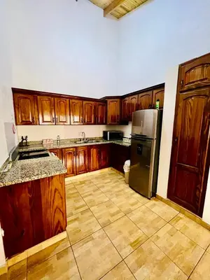 a kitchen with wooden cabinets and a stainless steel refrigerator at Apartamento Brisas de la Montaña in Jarabacoa