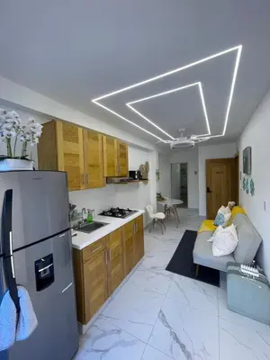 a kitchen with a refrigerator freezer next to a living room at Tiny Home-El Pueblito in San Felipe de Puerto Plata