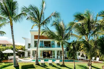 a house with palm trees in front of it at New private luxury villa in Punta Cana in Punta Cana