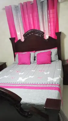 a bedroom with a large bed with pink curtains at Hermoso apartamento in Santo Domingo