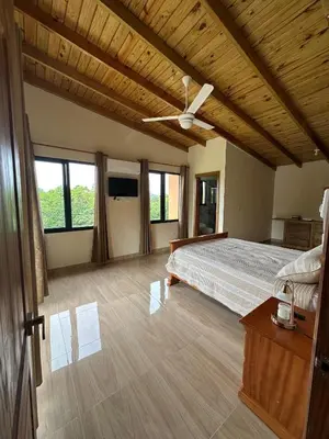a bedroom with a bed and a ceiling fan at Villa RG in Jarabacoa