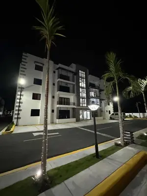 two palm trees in front of a building at night at RESIDENCIAL LEGADo in Azua de Compostela
