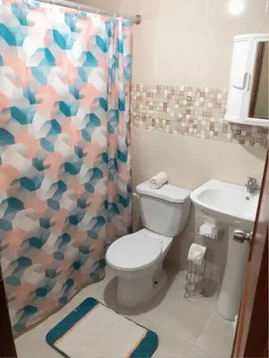 a bathroom with a toilet and a shower curtain at Apartamento de Relajacion in Los Paredones