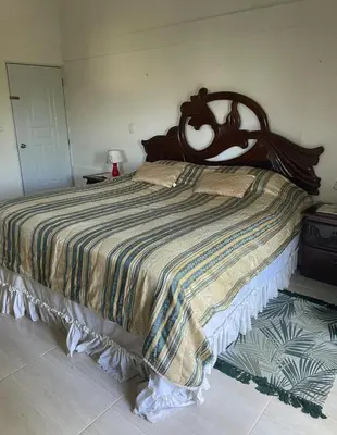 a bed with a wooden headboard in a bedroom at Villa Fiordalisa in San Felipe de Puerto Plata