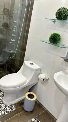 a bathroom with a toilet and a shower and a sink at Escapade Apartments in Cabarete