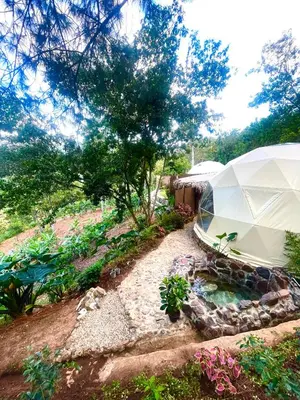 a garden with a white tent and a pond at Nomad Dome at Salto Jimenoa Waterfall in Jarabacoa