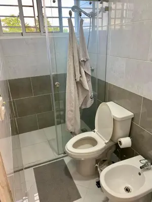 a bathroom with a toilet and a shower at D&L Apartment in Bayahibe