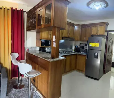 a kitchen with wooden cabinets and a stainless steel refrigerator at Hogar lejos de casa, piscina in San Cristóbal