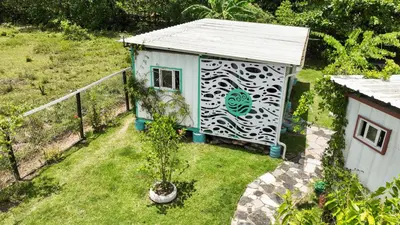 a small house with a painting on the side of it at BlueEcolandia Bungalow AGUA in Jarabacoa