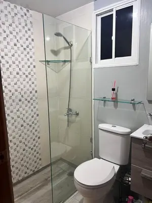 a bathroom with a toilet and a glass shower at Cozy Retreat 1st Floor in Arenoso