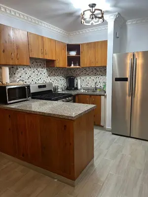 a kitchen with wooden cabinets and a stainless steel refrigerator at Cozy Retreat 1st Floor in Arenoso
