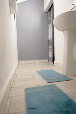 a bathroom with two blue rugs on the floor at Casa Ballenas3 SF in Las Terrenas