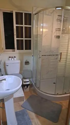 a bathroom with a shower and a toilet and a sink at Habitación Taina in Jarabacoa