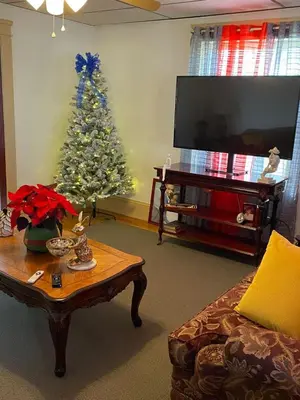 a living room with a christmas tree and a coffee table at Rancho silvestre in Monte Plata