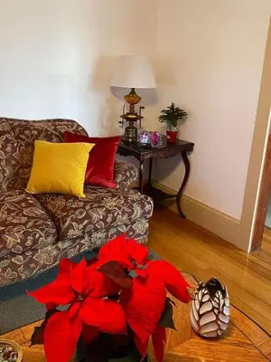 a living room with a couch with red flowers on the floor at Rancho silvestre in Monte Plata