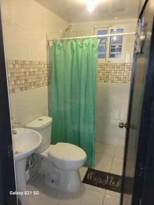 a bathroom with a toilet and a green shower curtain at Romana Tropical in La Romana