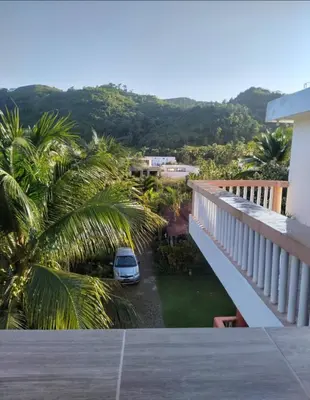 a balcony with a car parked in a yard with palm trees at Casa Mariana in Las Terrenas
